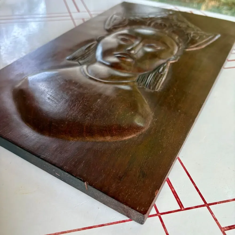 Vintage Haitian Hand Carved Wood Wall Plaque Featuring Zen Buddha Style Woman